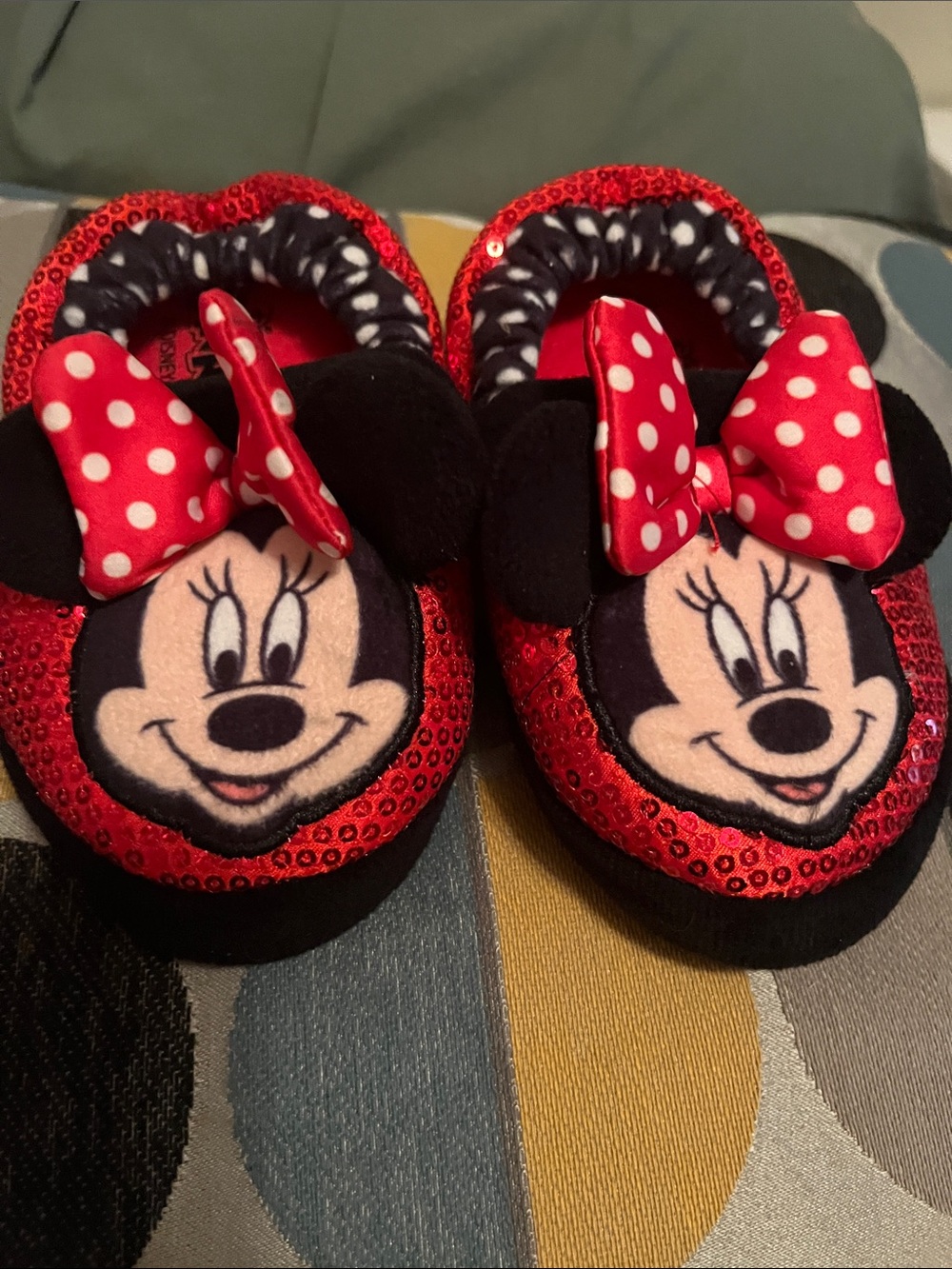 Disney Red Minnie Mouse Sequin Kids Slippers with Polka Dot Bow